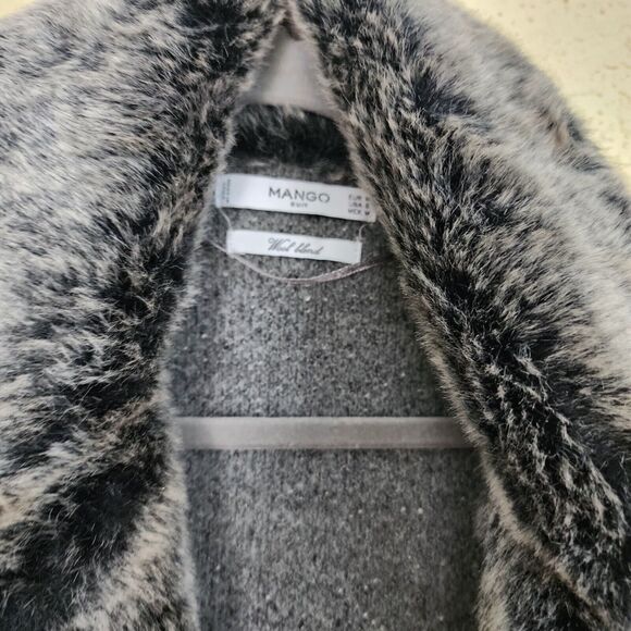 Mango Wool Trench Coat Winter Size 6 Gray Faux Fur Pockets Classic Mob Wife - Picture 7 of 12